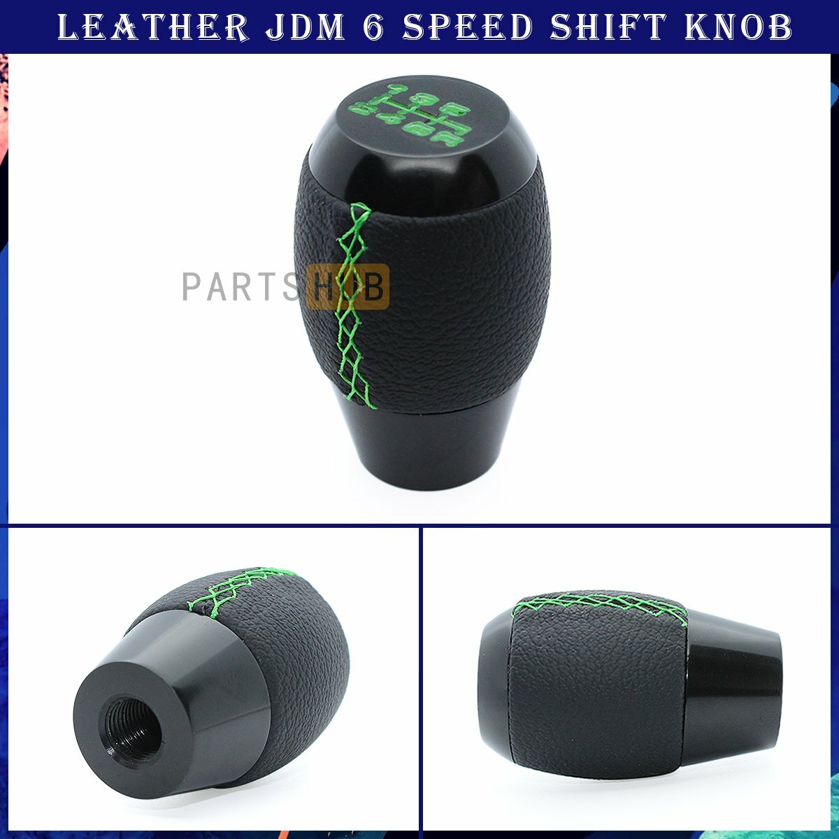 JDM M10x1.25 Black Leather Green Stitch 6 Speed Manual Shift Knob