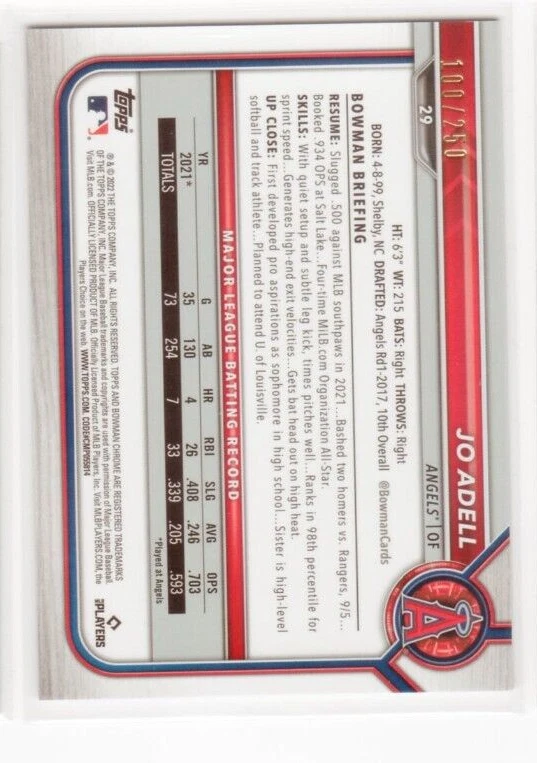 2022 Bowman Chrome Purple Refractor #29 Jo Adell 100/250 - Image 2 of 2