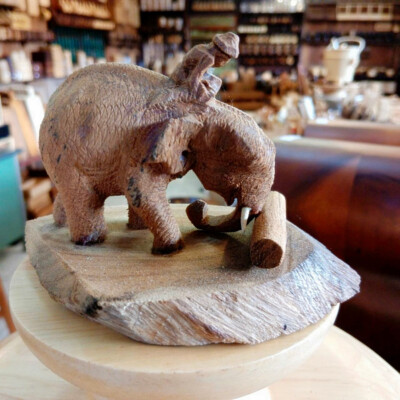 Decorative Hand Carved Wooden Working Thai Elephant Pushing Log Riden By Mahout