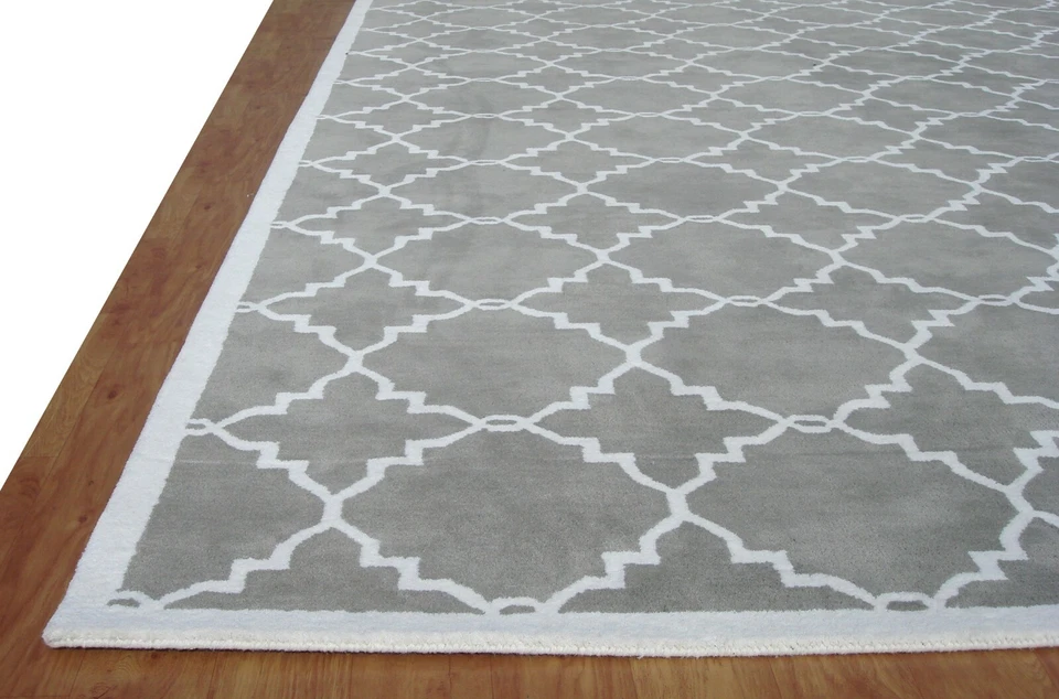 Lattice Trellis Gray Modern Handmade Hand-Tufted 100% Wool Area Rug Carpet. - Image 2 of 4