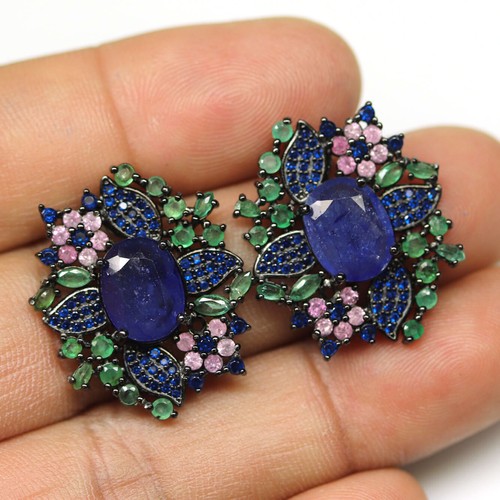 925 Sterling Silver Blue Pink Sapphire, Emerald & Cubic Zirconia Earrings - Picture 2 of 4