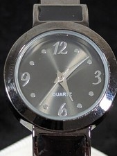 Black Dial Round Case Gray Inlay Hinge Open Cuff Bracelet Band Watch 6.5 Inch