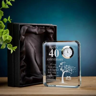 UKGIFTSTOREONLINE Personalised Crystal Glass Clock Gift for 40th Wedding Anniversary Boxed GSC-5