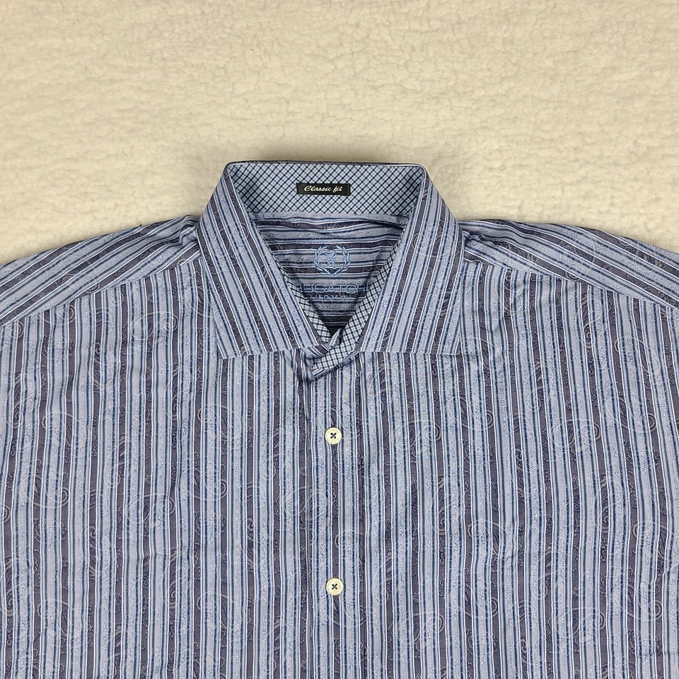 Camisa Bugatchi Uomo Para Hombres 2XL XXL Azul Rayas Cachemira Calce Clásico Abotonada Foto 3 de 4