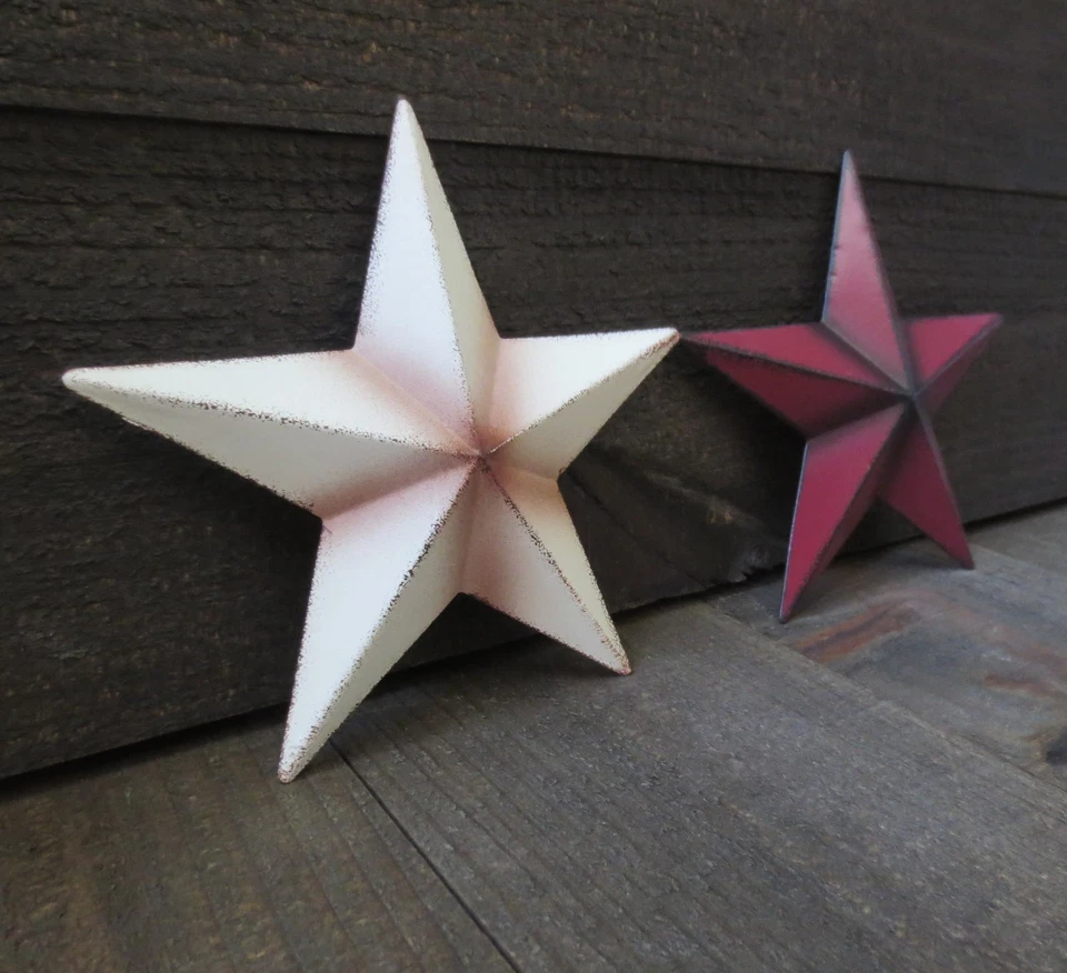 Set of 2 Red & White Primitive 6" Barn Stars Metal Christmas Patriotic Americana - Image 2 of 4