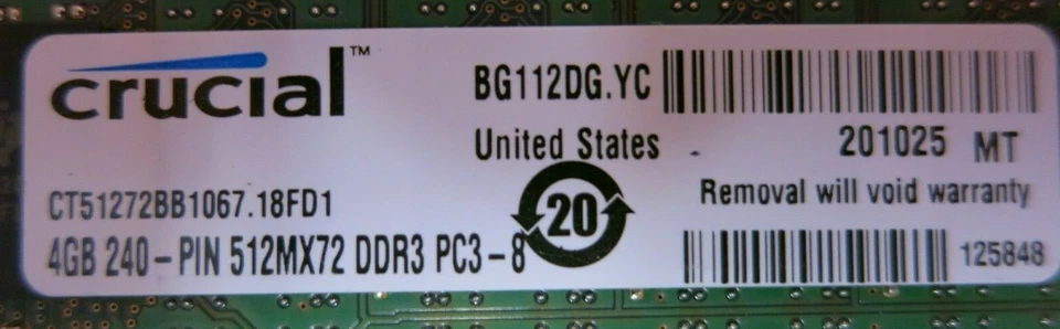 Micron MT18JSF51272PDZ-1G1D1BB CT51272BB1067 8GB 2x4GB PC38500 DDR3 ECC CL7 240P - Image 4 of 4