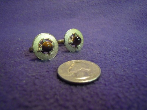 Vintage Gold Plated Round Meshed Texture Frame Center Tiger Eye Cufflinks CE11 - Picture 2 of 4
