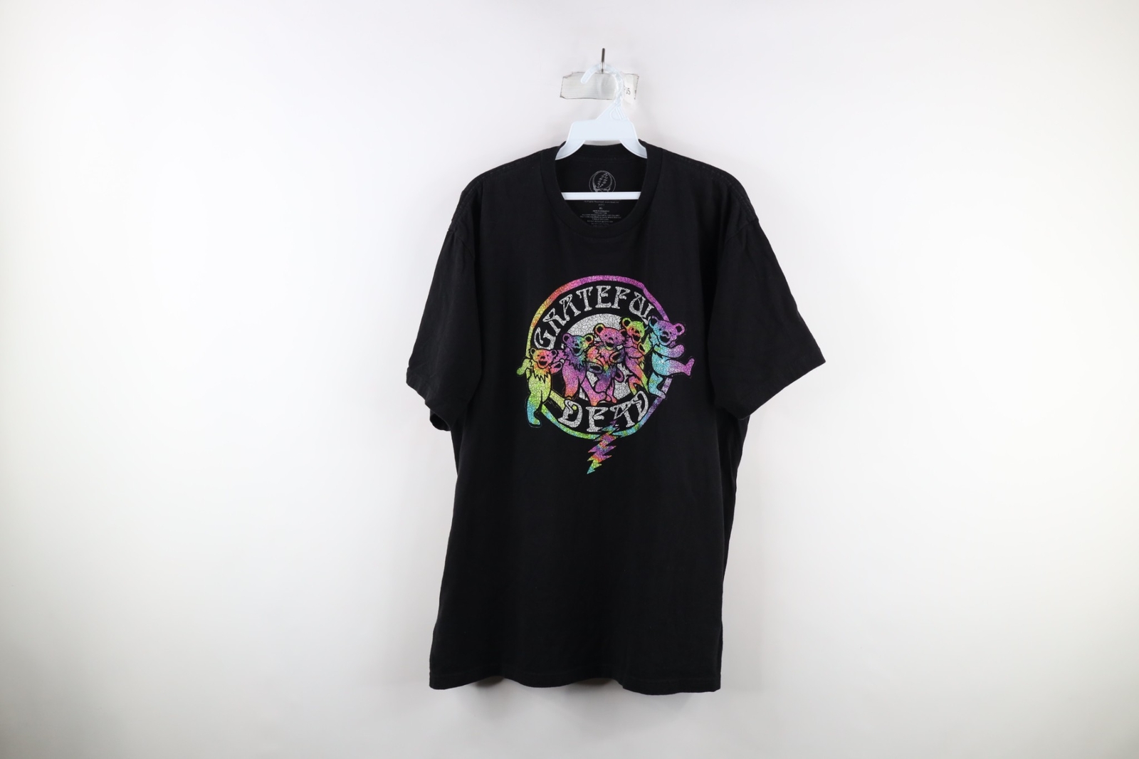 Retro Grateful Dead Distressed Rainbow Bear Band T-Shirt Black Mens XL