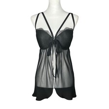 Victoria s Secret Black Sheer Lace Babydoll Slip 36D Push Up Whimsigoth Goth Bow
