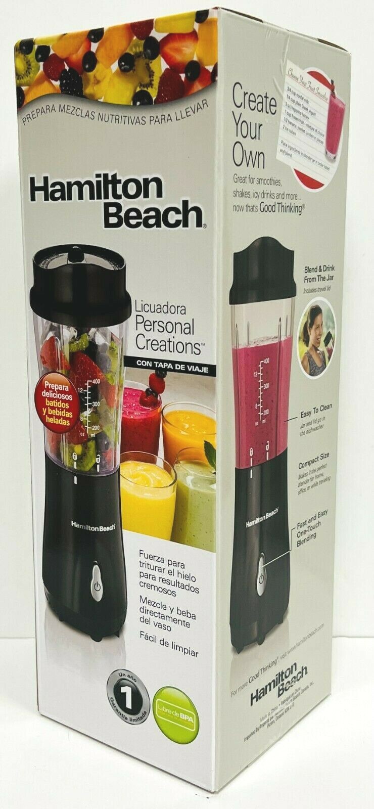 Hamilton Beach 51101B Single Personal Creations Serve Blender Travel Lid Black 