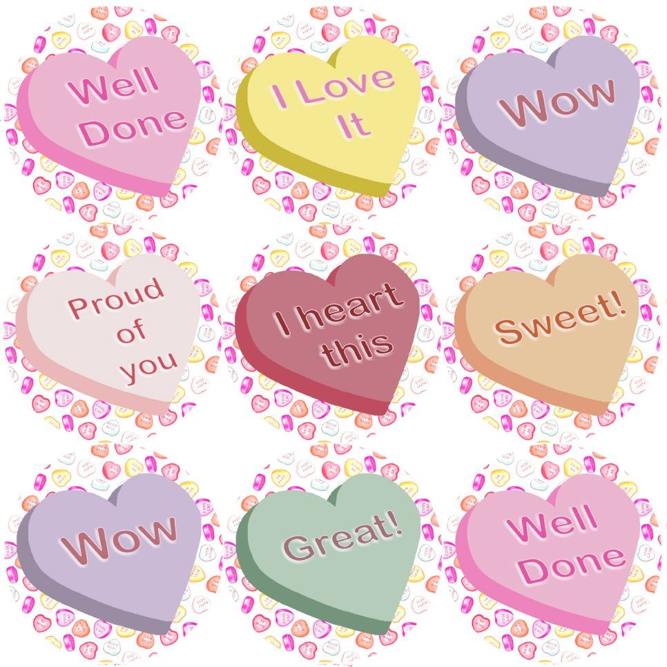 144 Candy Hearts Praise Words 30mm Valentine Reward Stickers for Teachers