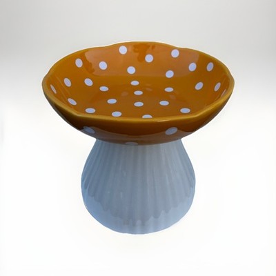 Ceramic  Cat Dog Feeder Bowl Elevated Polka Dot Dish Sm Pet Food Water  - Yellow
