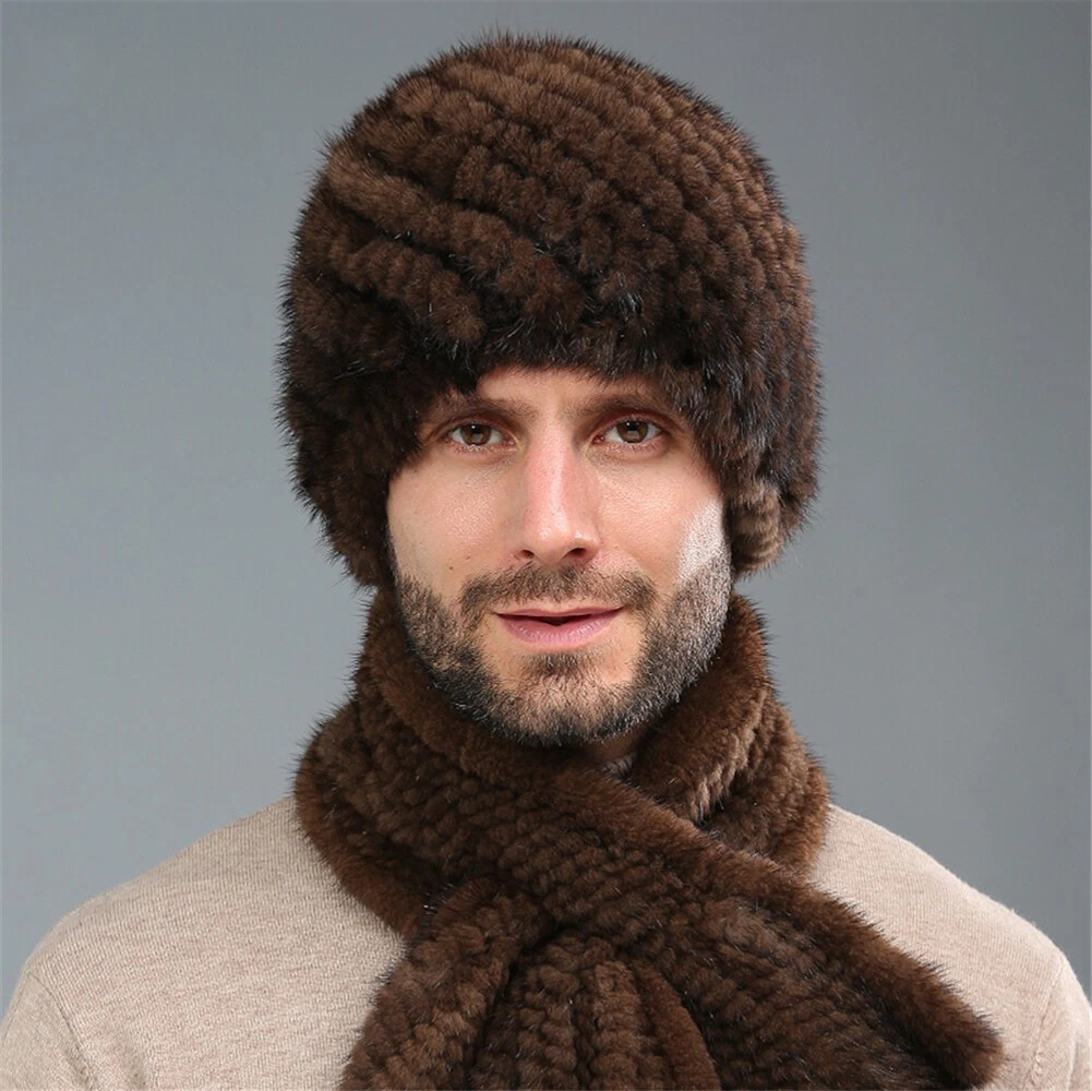 100% Real Mink Fur Hat Winter Warm Knitted Cap Fashion Thicken Outdoor Handsome