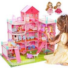 Villa Playset for Girls Ages 3-7, 4-Story 12 Room House with 2 Dolls, Furniture