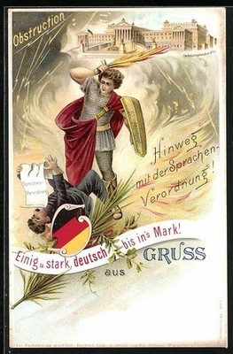 Lithographie Obstruction, St. Michael kämpft gegen die Sprachenverordnung 