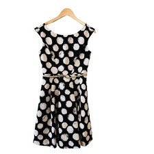Eliza J Polka Dot Belted Sleeveless Flare Hem Dress Size 6 Black Cream