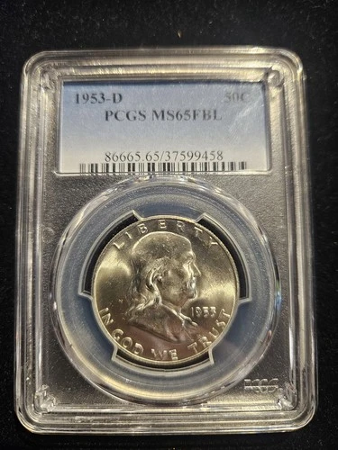1953 D Franklin Silver Half Dollar 50c PCGS MS 65FBL Full Bell Lines Blast White