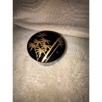 Vintage Japanese Lacquer Coaster Set Black Gold Floral Bamboo Boxed Japan