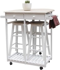 Kitchen Rolling Carts,Foldable Dining Table Cart w/Stools Handle,Breakfast Table