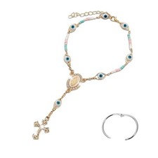 Car Rosary for Rearview Mirror,Evil Eye Rearview Mirror Auto Rosary golden