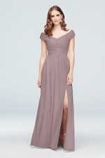 DB Studio F19951 Crisscross Off Shoulder Mesh Maxi Dress Lavender Haze 4 NWT