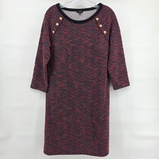 Talbots Dress LP Large Petite Red Textured Knit Navy Gold Buttons 3/4 Sleeve