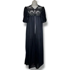 Vintage Kayser Black Lace 3 Button Short Sleeve Long Robe Women Small READ DESCR