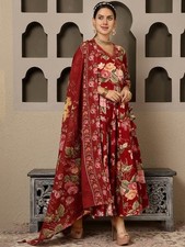 Red Floral Printed Anarkali Kurta for Women  V-Neck Ethnic Party Wear Dress