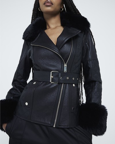 River Island Womens Biker Jacket Black Faux Leather Quilted Collared Outerwear - Picture 5 of 9