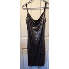 Bebe Metallic Shimmer Cowl Neck Bodycon Dress Silver Black Large Made in USA