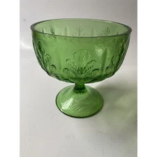 Vintage 1978 FTD Green Glass Oak Leaf Footed Pedestal Stem Round Bowl Vase Dish
