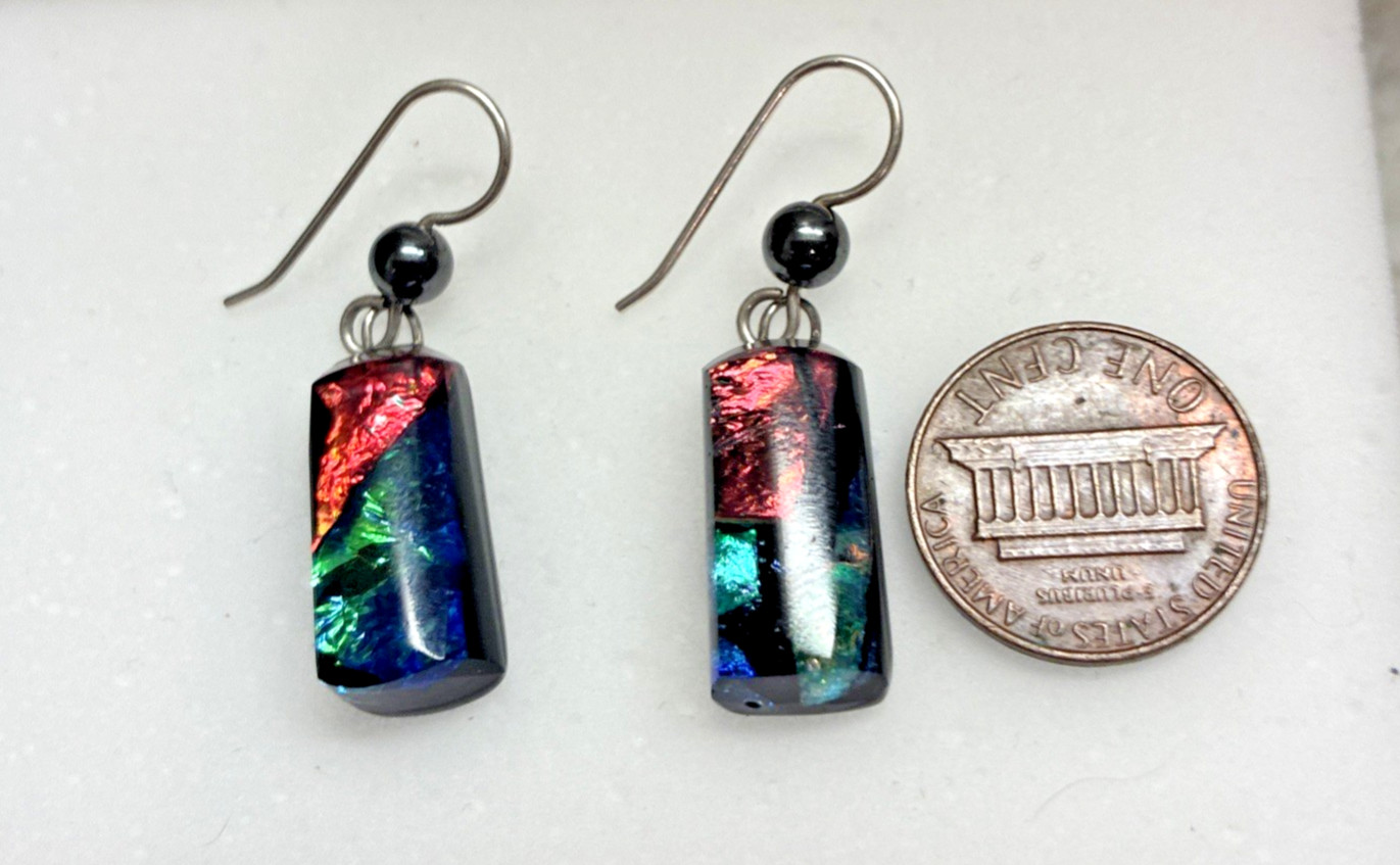Glass Rectangular Earrings Iridescent Luminous Co… - image 5