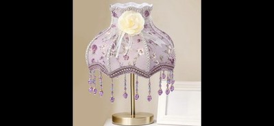 Purple Floral Vintage Bell Lamp Shade with Beaded Trim Feather Decoration 32cm
