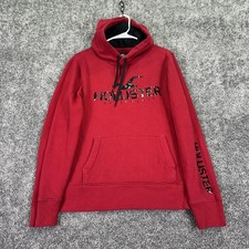 Hollister Hoodie Mens Small Red Fleece Pullover Big Logo Sleeve Graphic Casual