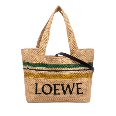 LOEWE Paulas Ibiza Medium Raffia Striped Font Einkaufstasche Pre-Loved Beige