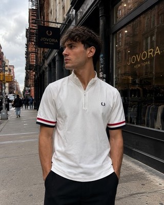 Fred Perry Men's S White Half Zip Polo Shirt Back Logo Striped Cuffs