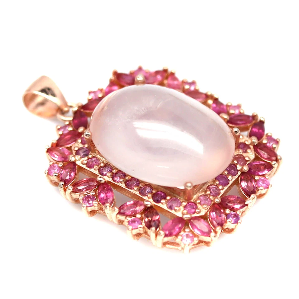 Edelstein 15 x 20 Mm. Rose Quarz & Rosa Saphir Anhänger 925 Sterlingsilber - Bild 2 von 4