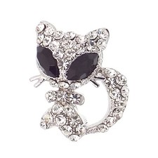 Kitty Kitten Cat Big Eyes Pin Brooch Rhinestone Black Clear 18k W GP Jewelry New