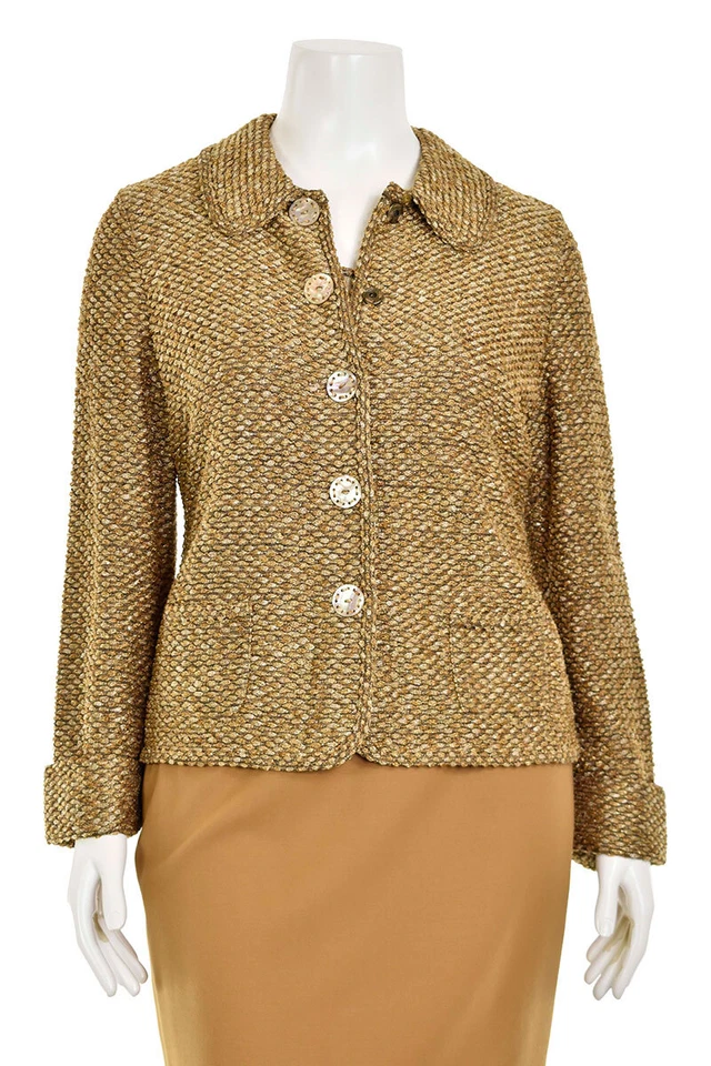 Escada 2Pc Sweater Set sz 14/44 Gold Metallic Boucle Knit Twinset Cardigan Top - Image 2 of 4