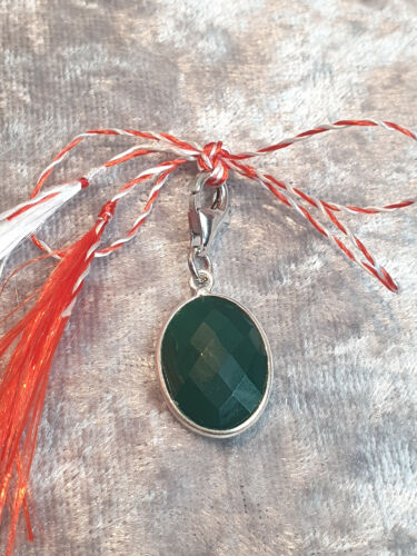 Marchchen Martisor Charm of Gemstones, Agate Green Oval with Silver Elements - Picture 1 of 6