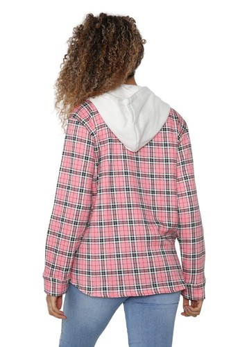 Ladies Hooded Check Baggy Long Sleeve Shacket Top Womens Shirt Blouse Jacket - Picture 3 of 6