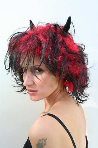 Halloween Wig Women Men Devil Devil Horns Black Red Wild Teased - Picture 2 of 2