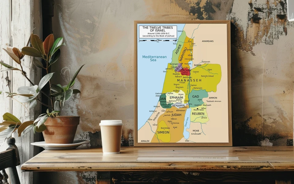 Mapa de 12 Tribus de Israel fr. Póster de arte de pared del libro de Josué 1200-1050 sin marco Foto 3 de 4