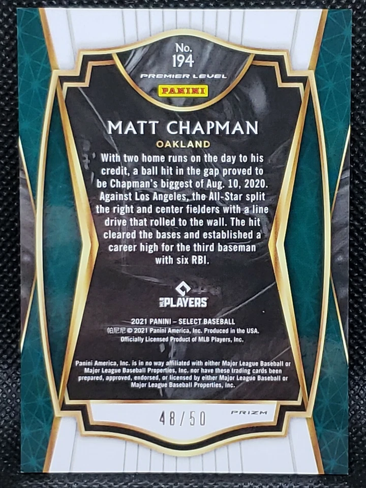 2021 Panini Select Premier Level WHITE Refractor Matt Chapman 48/50 - Image 2 of 2
