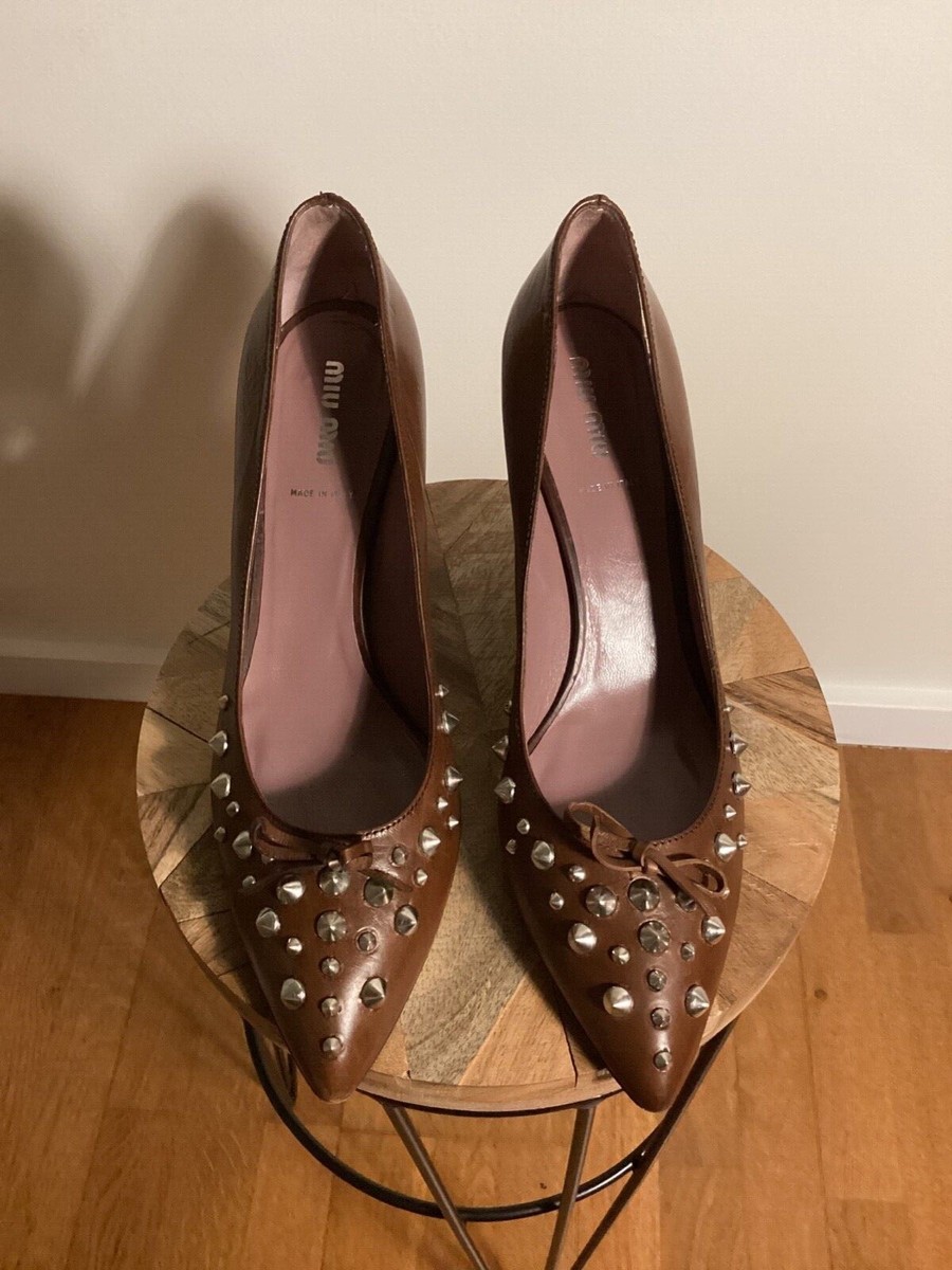 パンプス MIUMIU BROWN LEATHER PUMPS Miu Miu Brown Leather Studded 3inch Heel Pumps Size IT40 | eBay