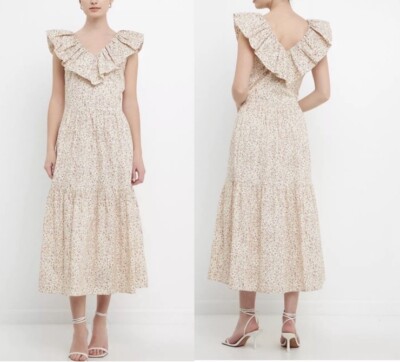 english factory ruffle detail midi dress English Factory Women's Flower Embroidered Ruffle Midi Dress