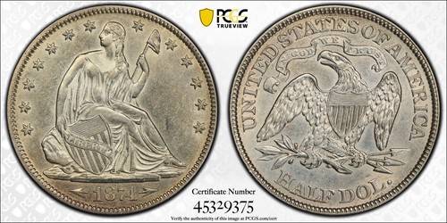 Medio dólar sentado 1874 flechas 50c PCGS detalles AU bonitos - Imagen 1 de 3