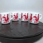 Hazel Atlas Platonite Milk Glass Red Rooster Chicken Mug Coffee Cup Set 4 Vtg
