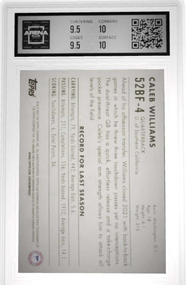 2022 University Chrome - 1952 Bowman Caleb Williams #52BF-4 (RC) Gem Mt 10 - Image 2 of 2