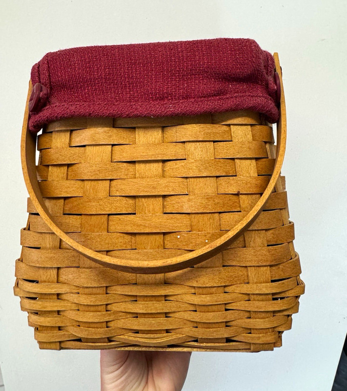 Handwoven Brown Basket w/ Handle, Red Liner & Removable Plastic Insert 10x8"